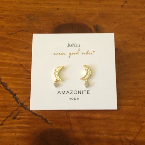 JAXKELLY NIP Amazonite Stone White CZ Moon Drop Sterling Silver Posts Earrings - Picture 2 of 9